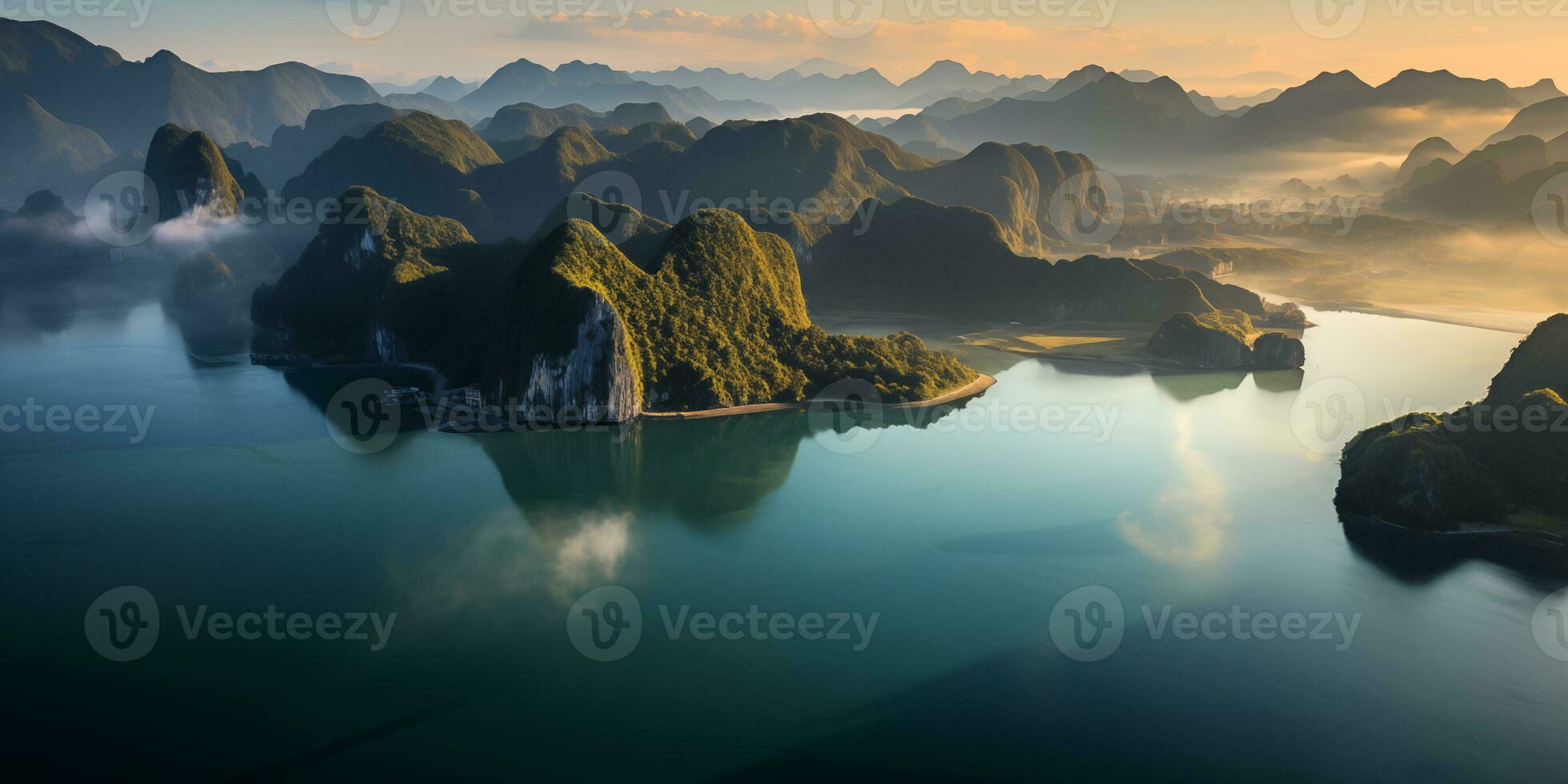 AI generated aerial view of the sea bay with karst limestone islands and cliffs photo