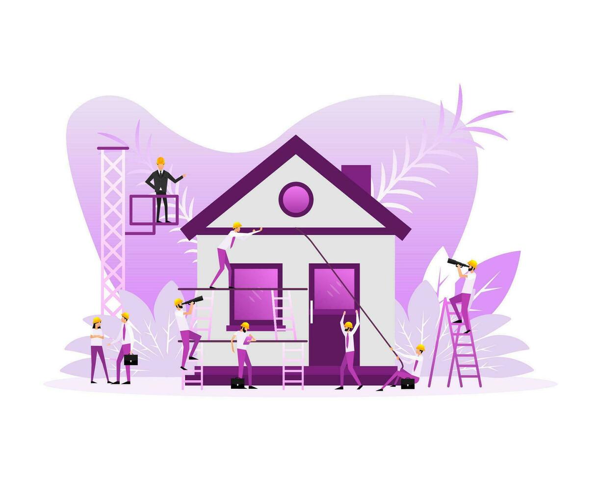 Flat icon with house construction people for site design. Vector line illustration