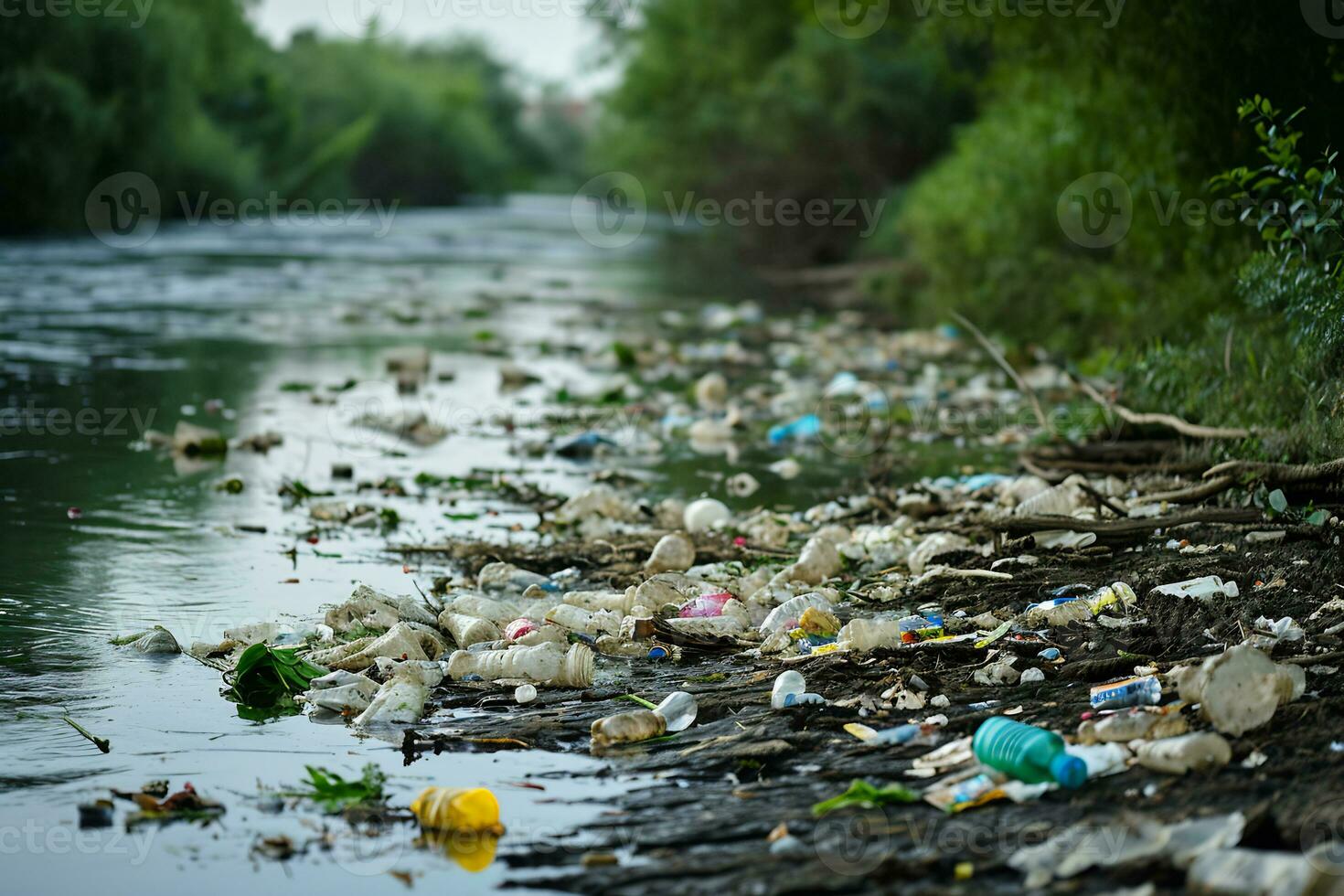 AI generated water pollution with a polluted riverbank littered with plastic waste photo