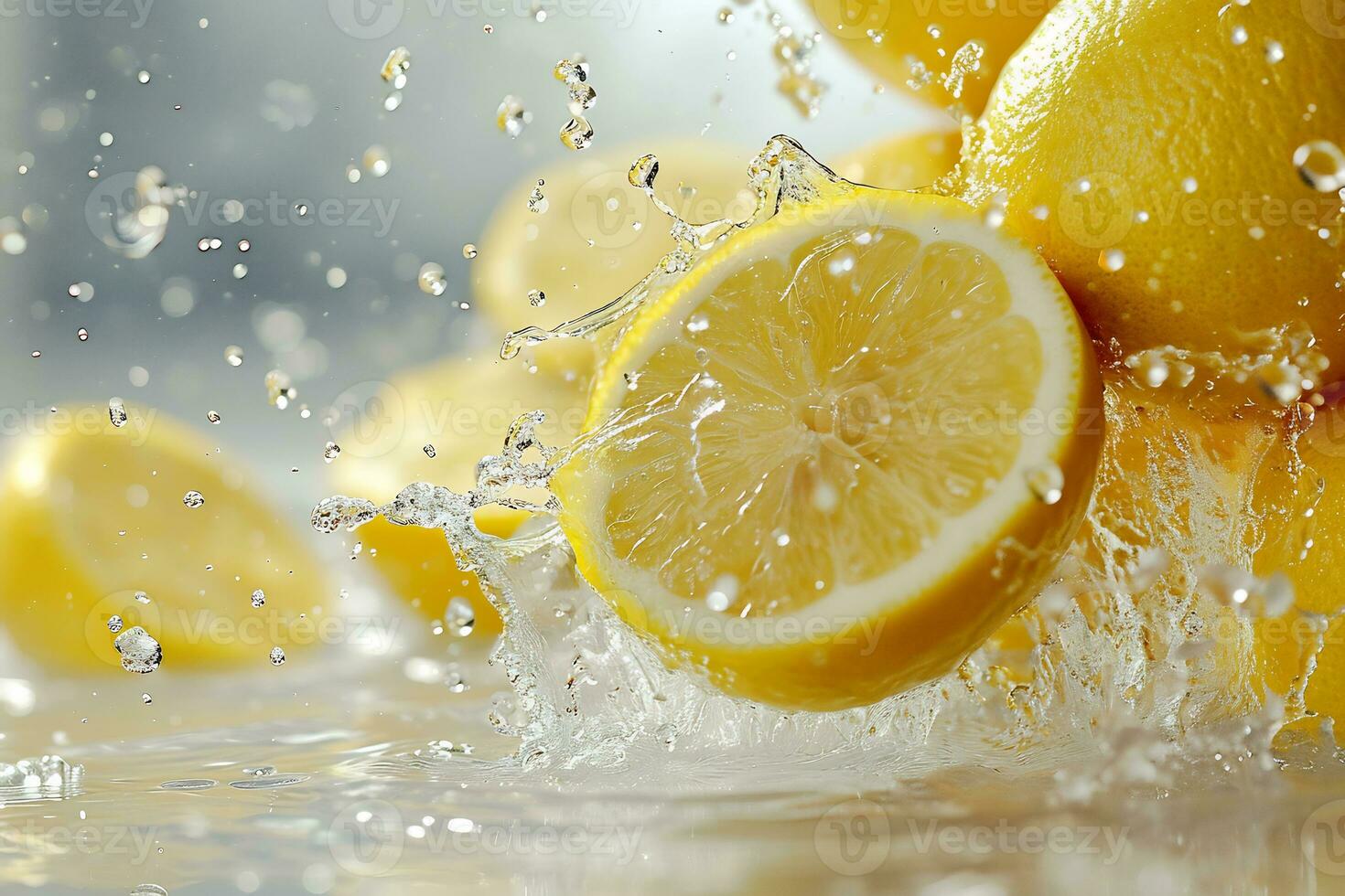 AI generated juicy lemons with splashes of water on light background photo