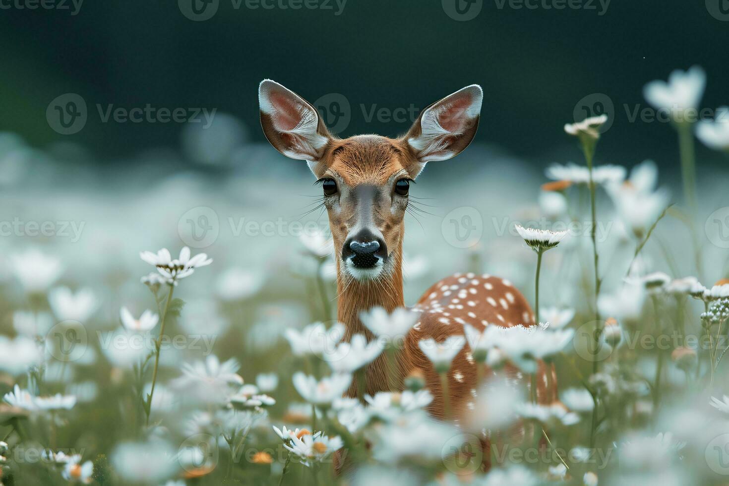 AI generated a deer in a field of white flowers selective focus photo