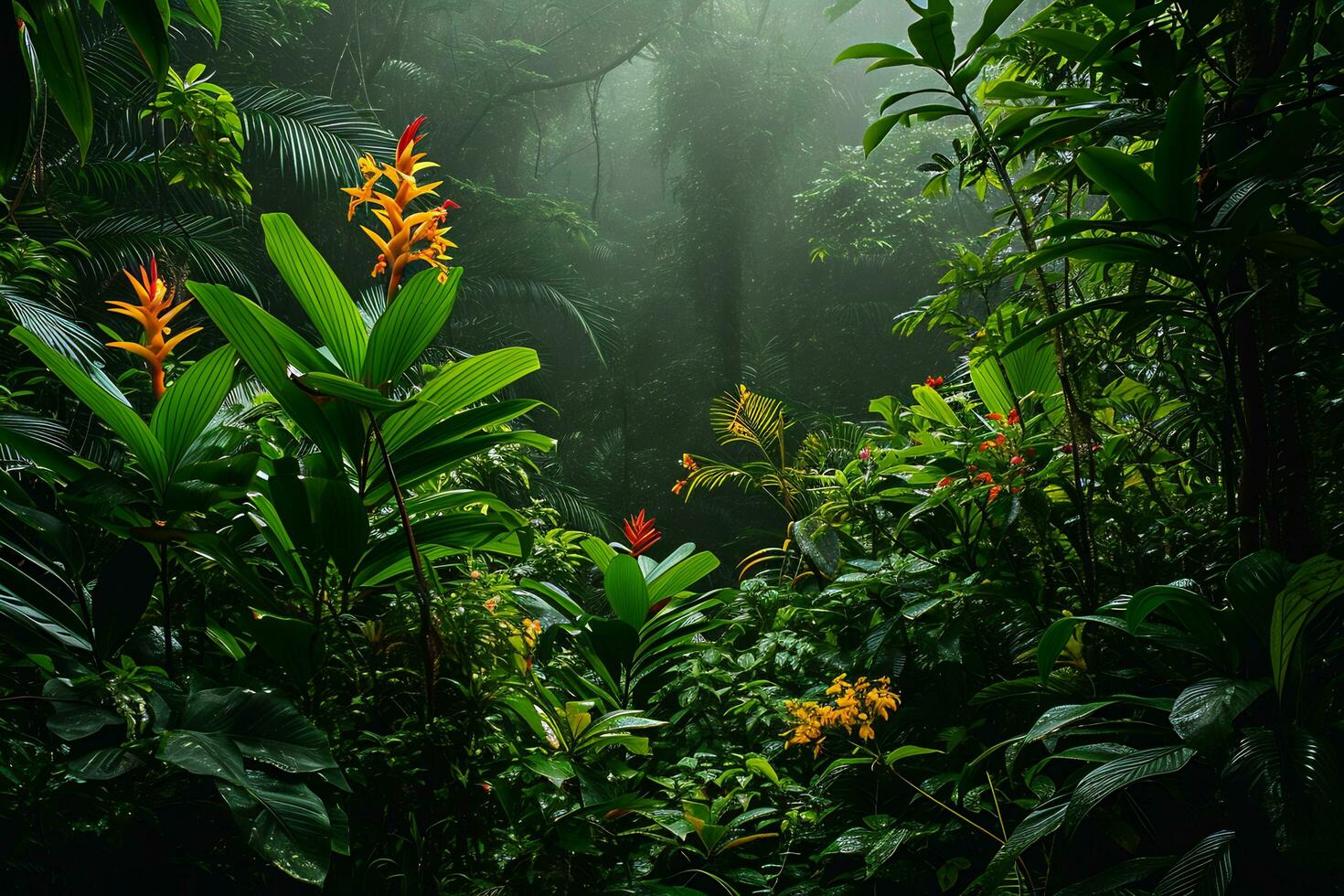 AI generated photograph capturing the vibrant biodiversity of a tropical rainforest photo