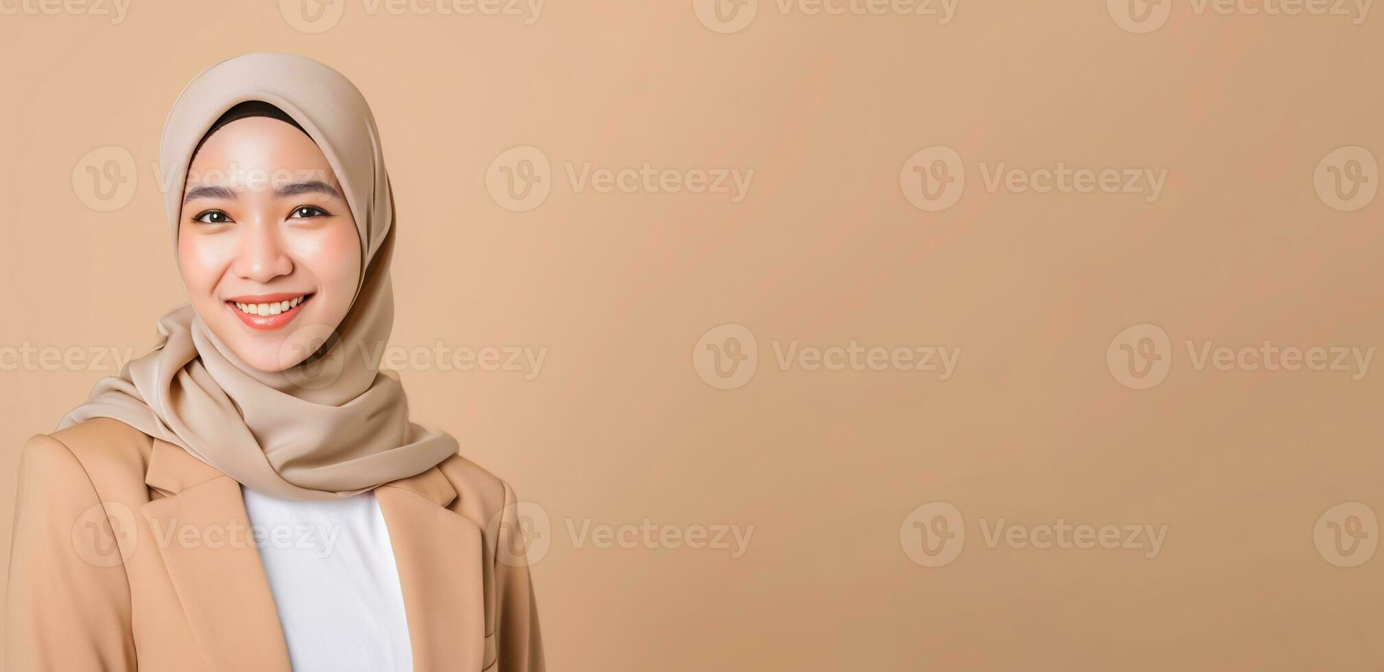 AI generated a beautiful asian woman wearing beige hijab and blazer photo