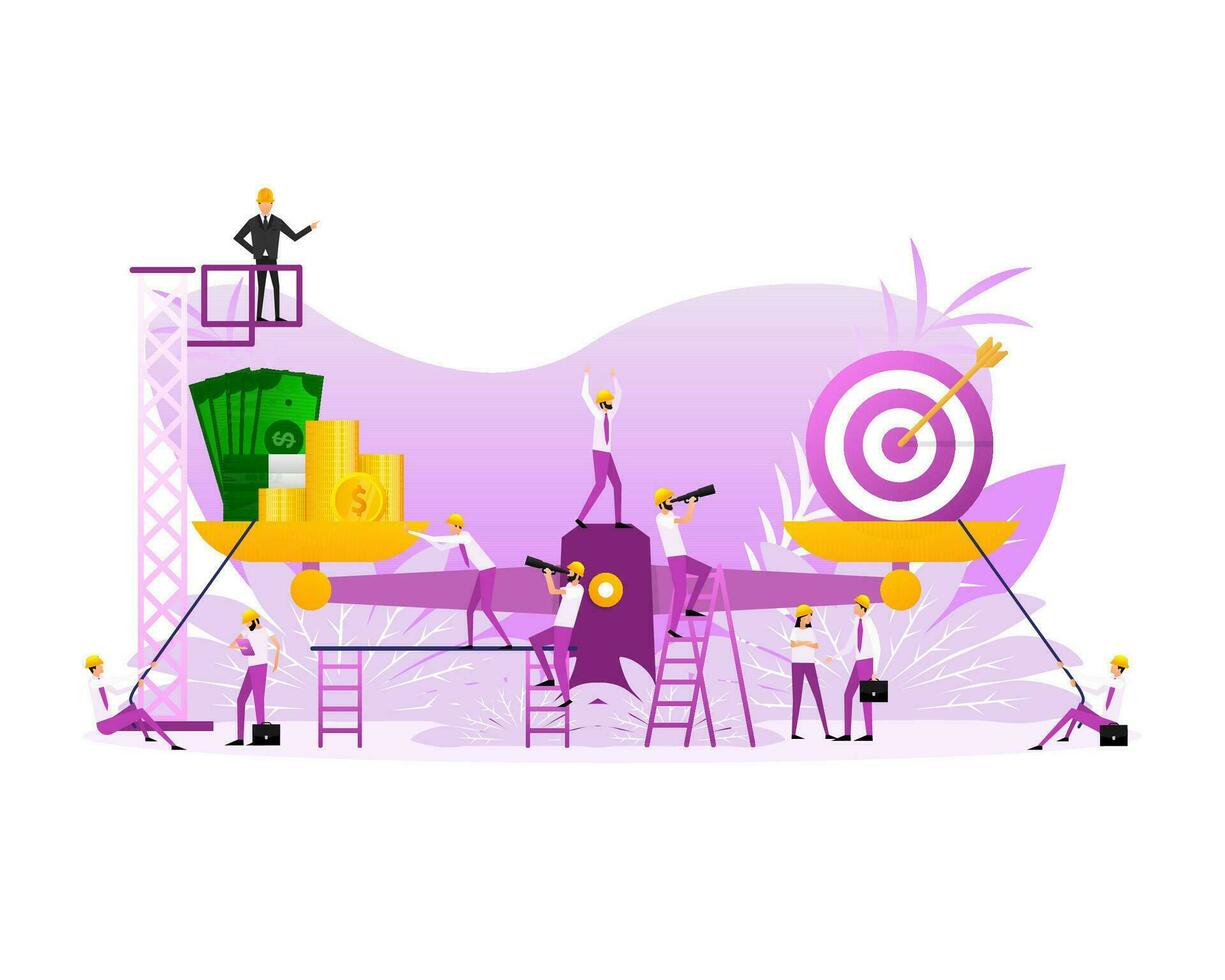 Flat target vs money on scales. Flat people. Time management. Vector illustration