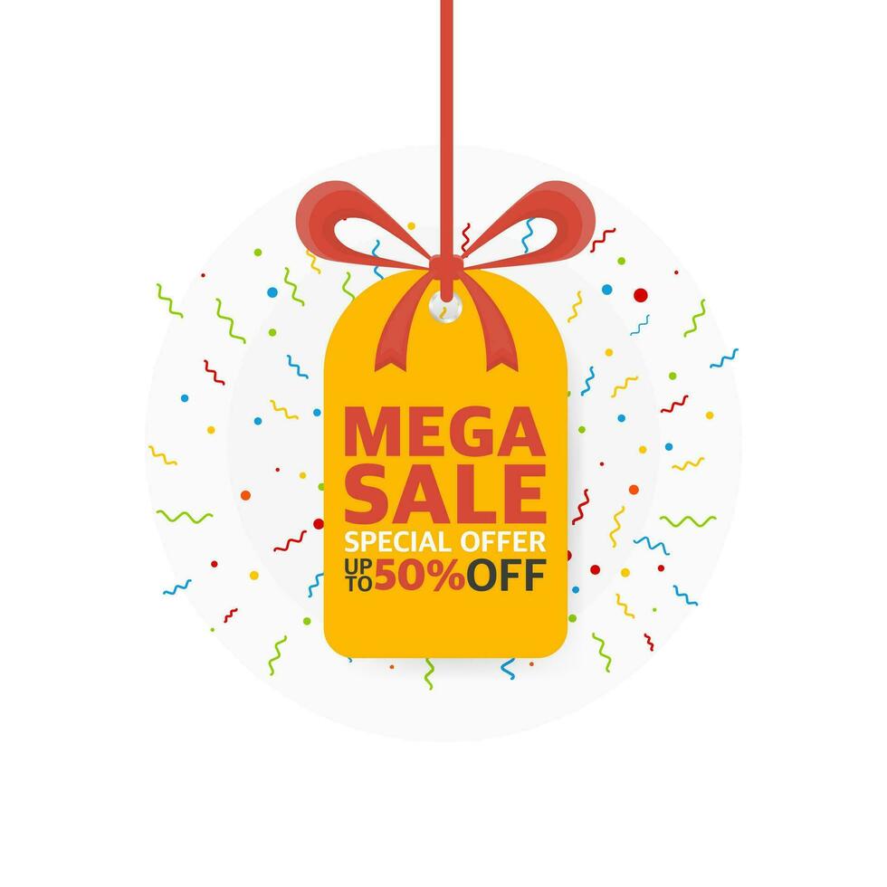 Yellow color paper mega sale label with shadow. Price tag. vector