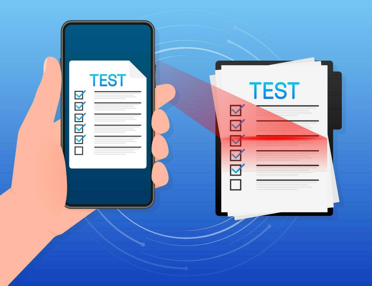 Clipboard with online exam on blue background. Vector illustration.