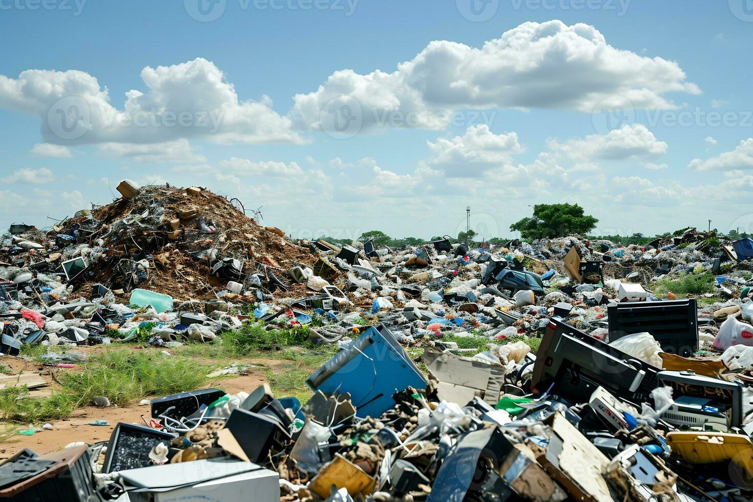 AI generated land pollution overflowing with discarded items and trash photo