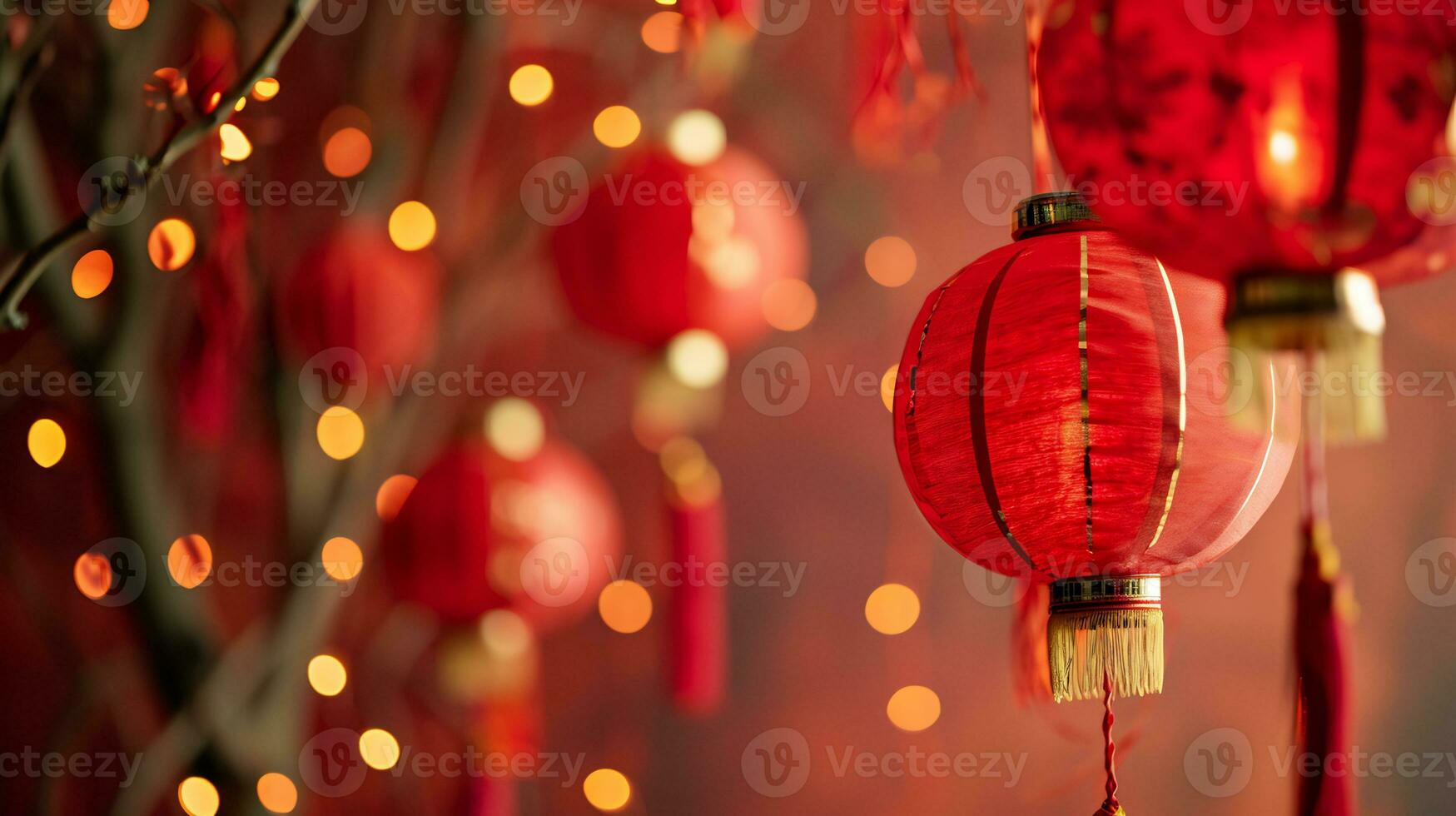 AI generated lunar new year background with hanging red latern photo