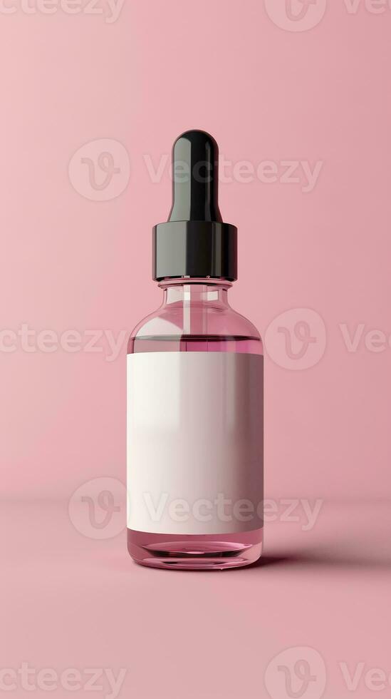 AI generated dropper bottle with a simple white label against a pink background photo