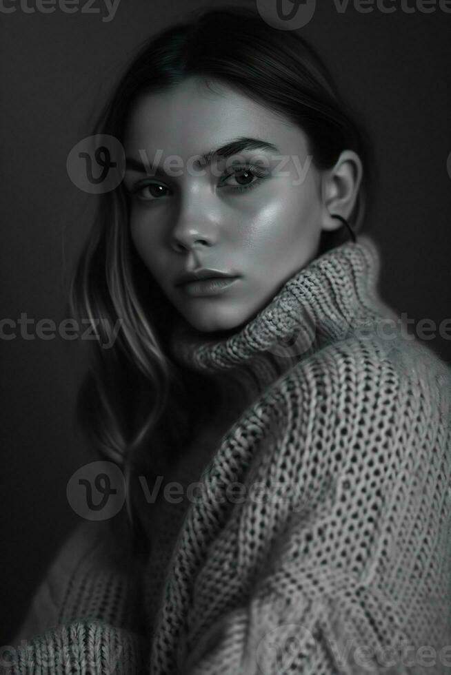 AI generated a black and white photo of a woman in a sweater