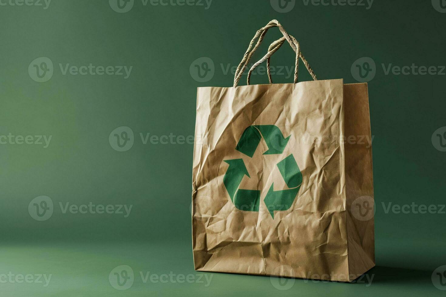 AI generated Paper bag with a recycle symbol on green background photo