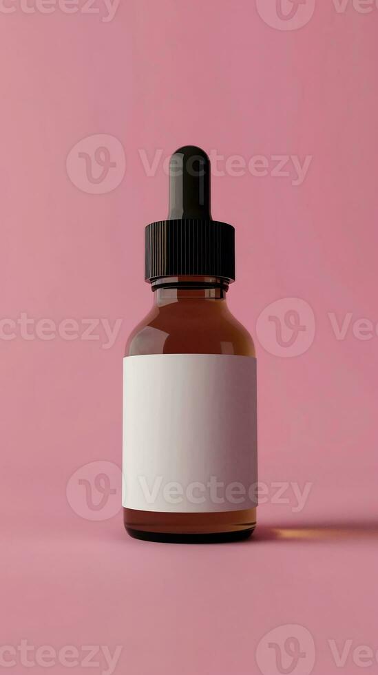AI generated dropper bottle with a simple white label against a pink background photo