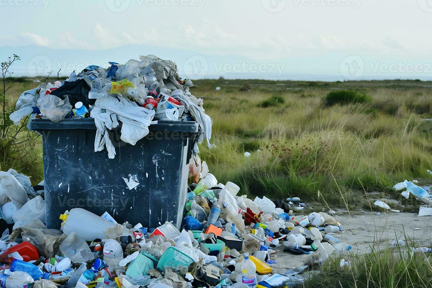 ai generado tierra contaminación desbordante con descartado artículos y basura foto