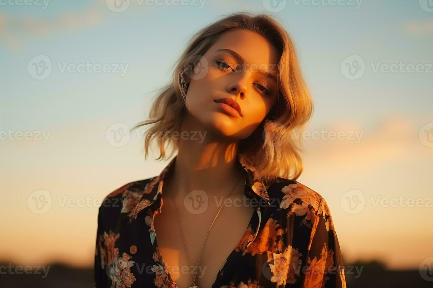 AI generated beautiful woman in brown and black floral shirt with sky background photo