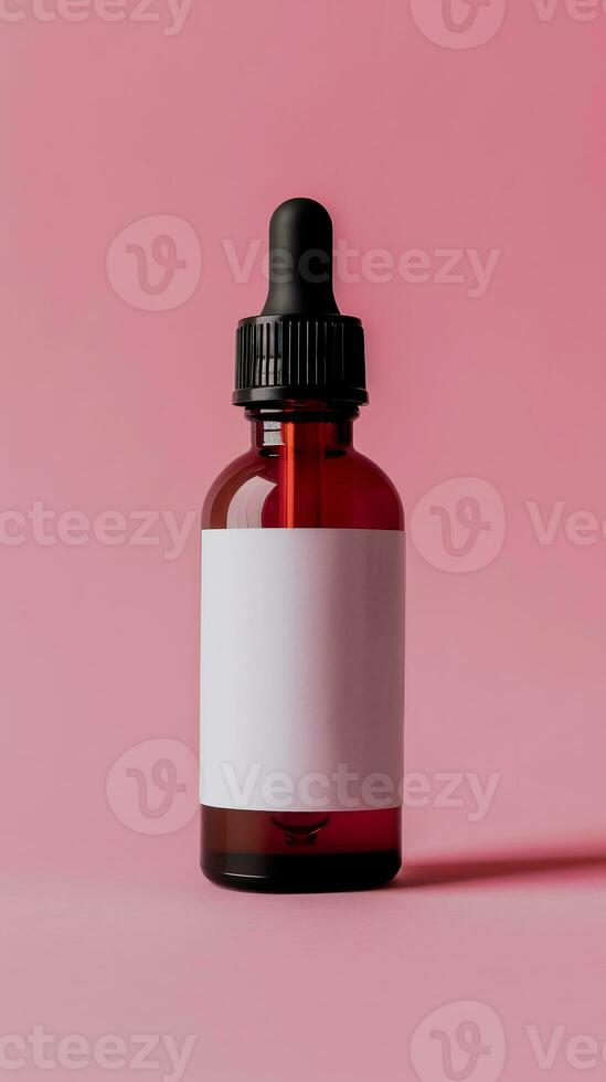 AI generated dropper bottle with a simple white label against a pink background photo