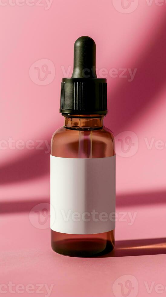 AI generated dropper bottle with a simple white label against a pink background photo