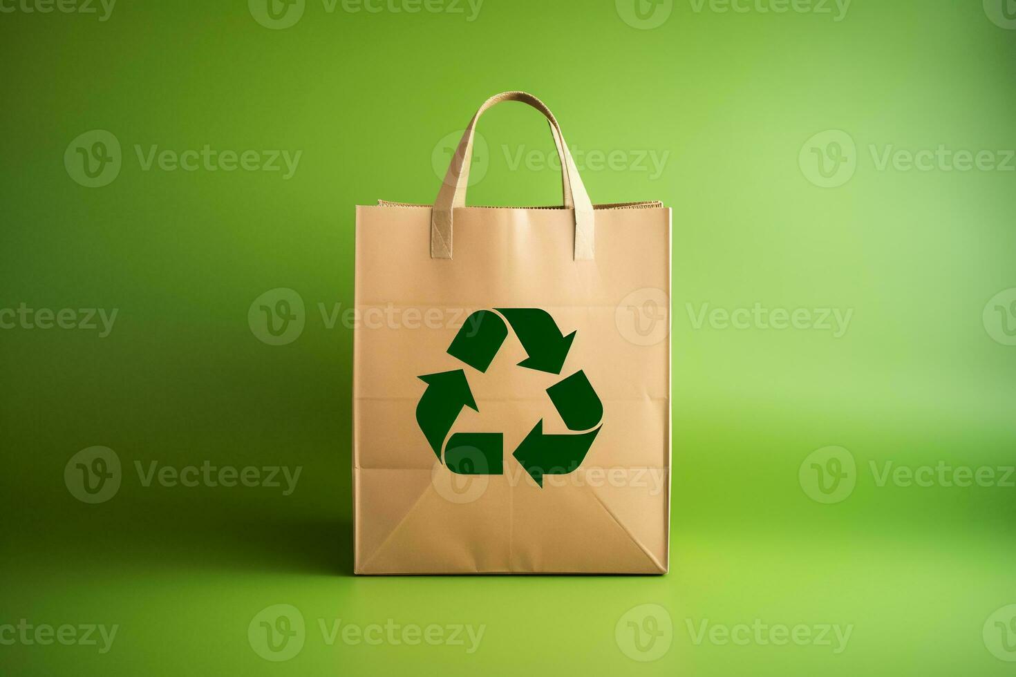 AI generated Paper bag with a recycle symbol on green background photo