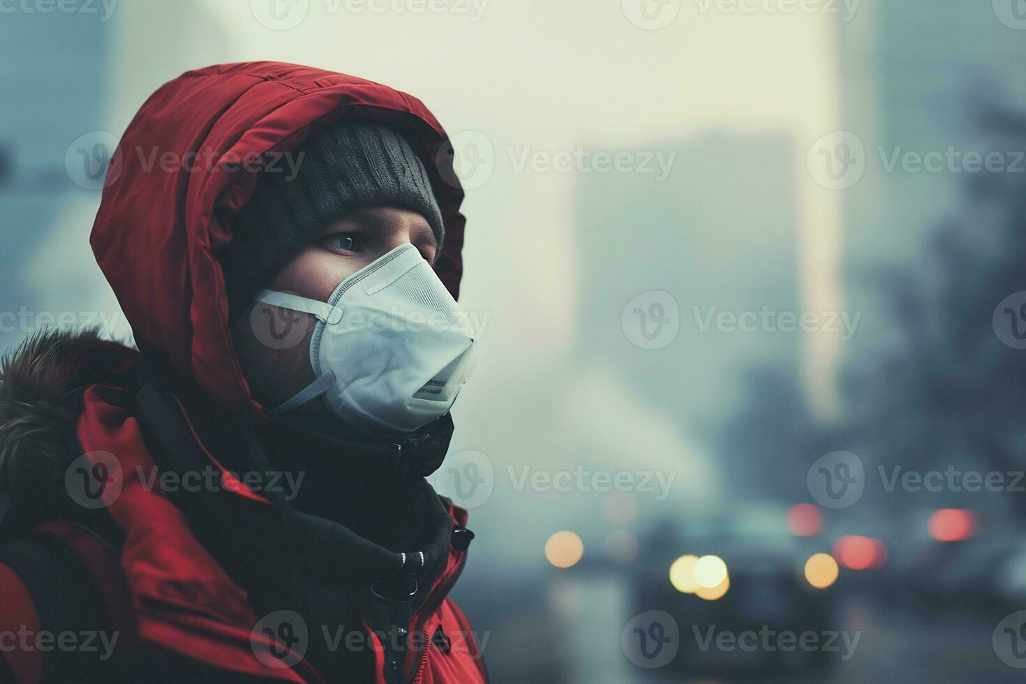 ai generado un hombre vistiendo un máscara en contra aire contaminación foto