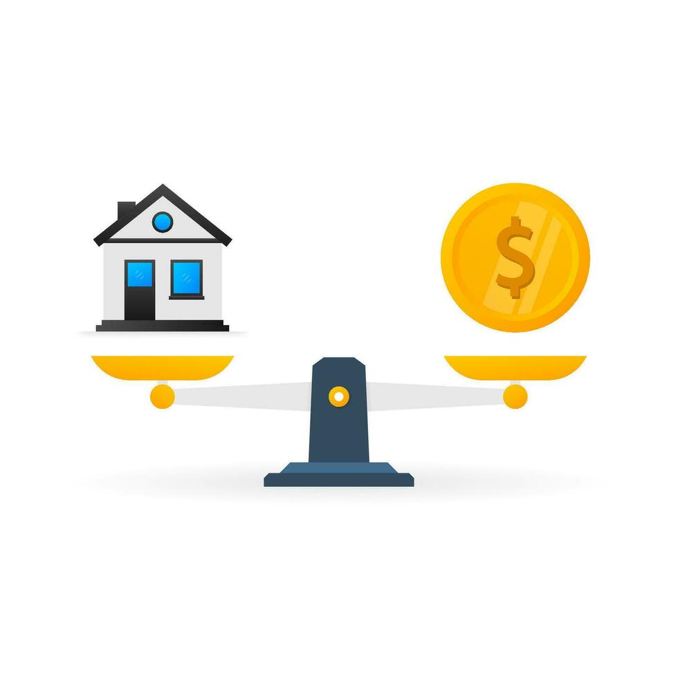 Business economy symbol. House compare coins. Business vector icon. Vector illustration. Financial investment