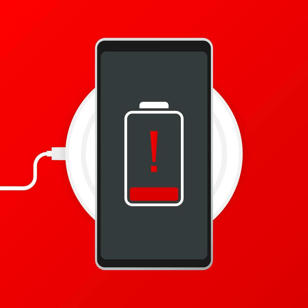 Phone charging, flat icon isolated on a red background. Concept background design. vector