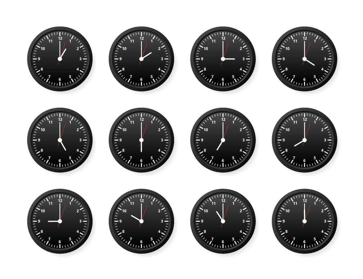 Realistic office clock. Wall round watches with time arrows and clock face. Vector illustration.