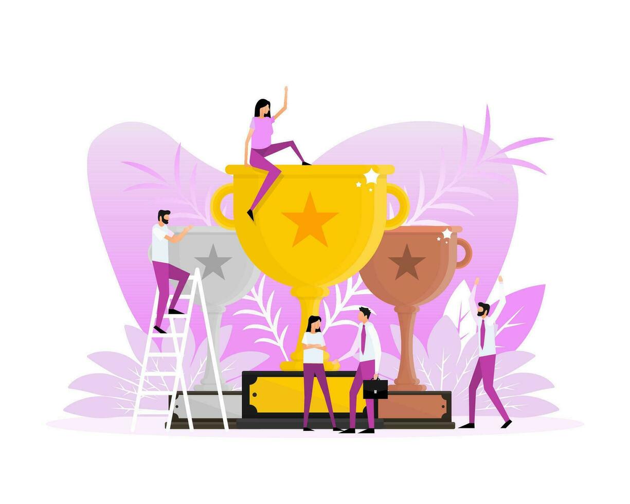 Success award people in flat style on gold background. Champion trophy, gold cup. Flat illustration. vector