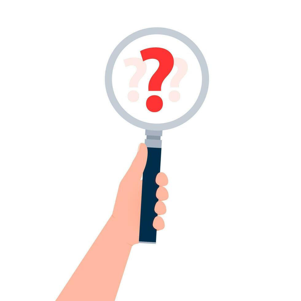 Searching solutions and asking for help. Question mark in a magnifying glass. vector