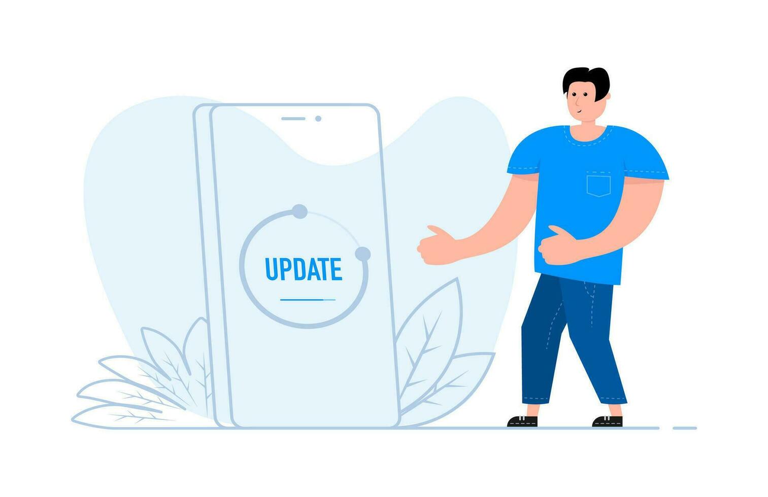 A man stands near the smartphone, on the screen System software update and upgrade vector