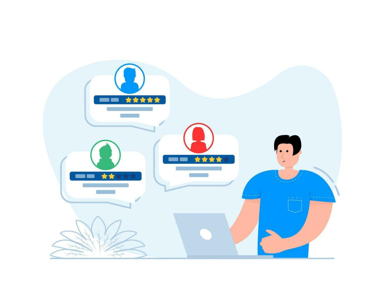 Man giving assessment in internet store. Customer support. Five Star Feedback. Vector stock illustration.