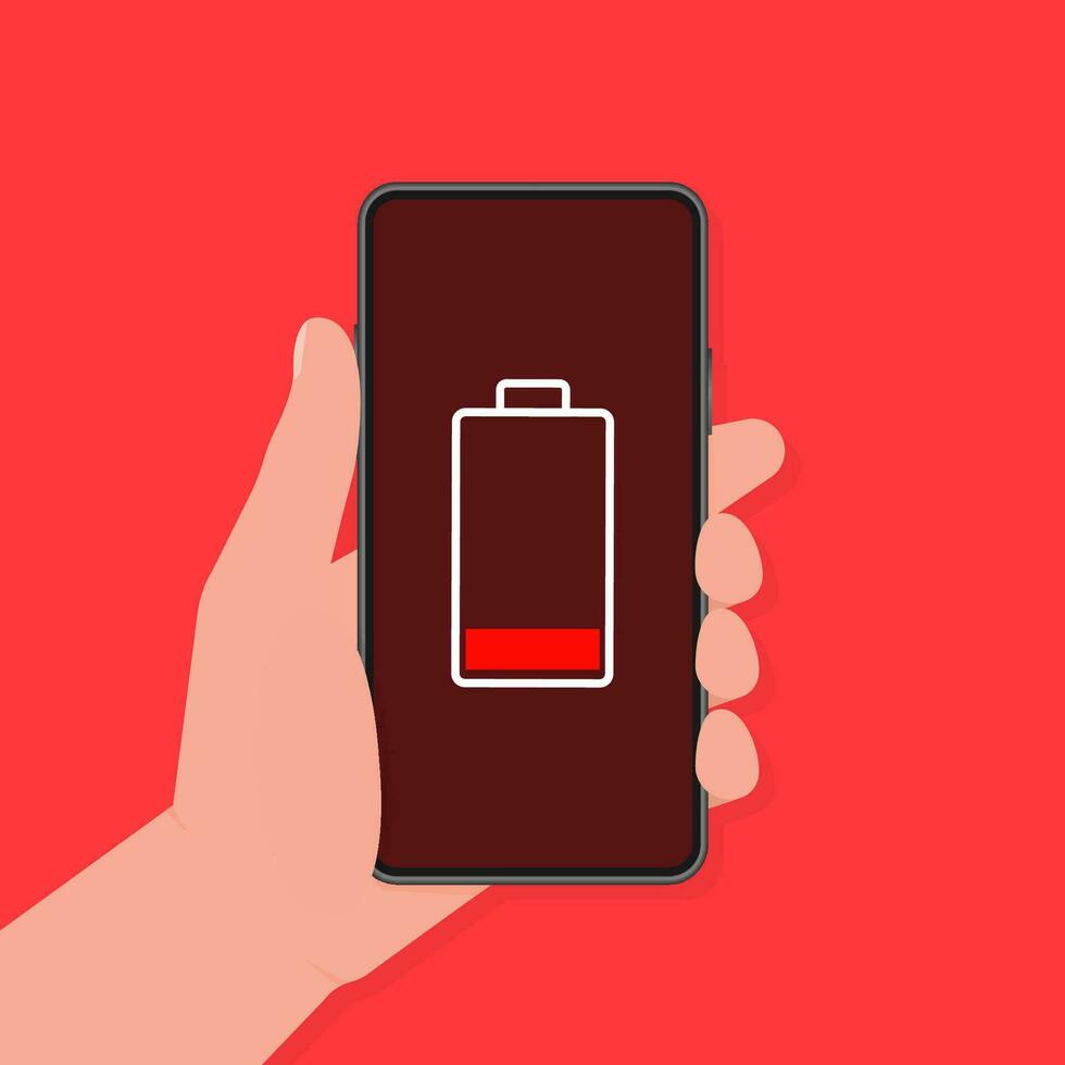 Discharged charged battery smartphone - vector infographic. Isolated on red background.