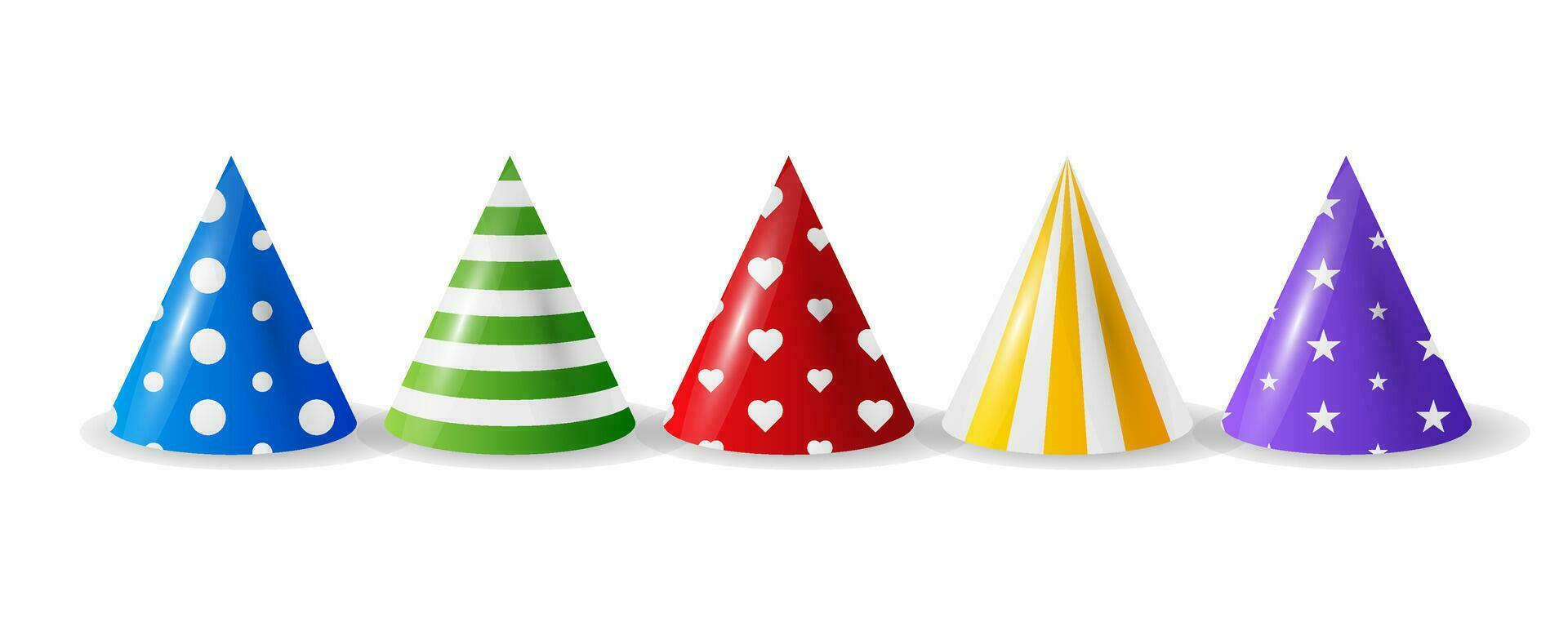 Cartoon illustration with different birthday hat on white background for any purpose. Birthday hat in realistic style on blue background. Festive set isolated. vector