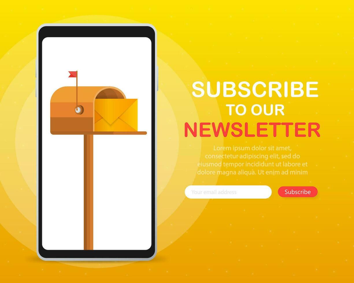 Mailbox with a letter inside in a flat style on screen device on a yellow background. Subscribe to our newsletter. Vector illustration.