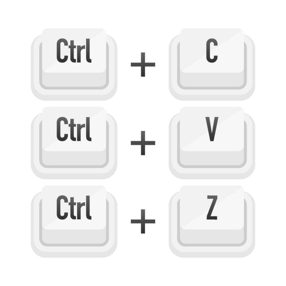 Ctrl plus C, Ctrl plus V and Ctrl plus Z white 3D button on white background. Computers particles keyboards. Vector illustration.