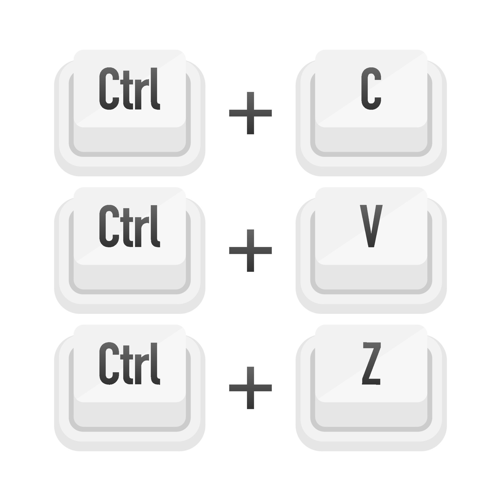 Ctrl plus C Ctrl plus V and Ctrl plus Z white 3D button on white