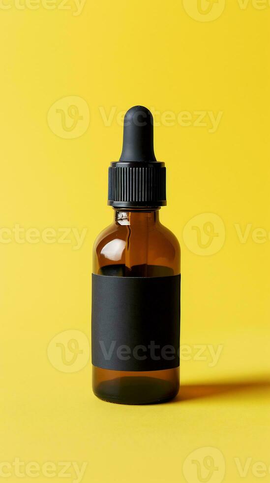 AI generated Brown transparent Dropper bottle with a simple black label on a yellow background photo