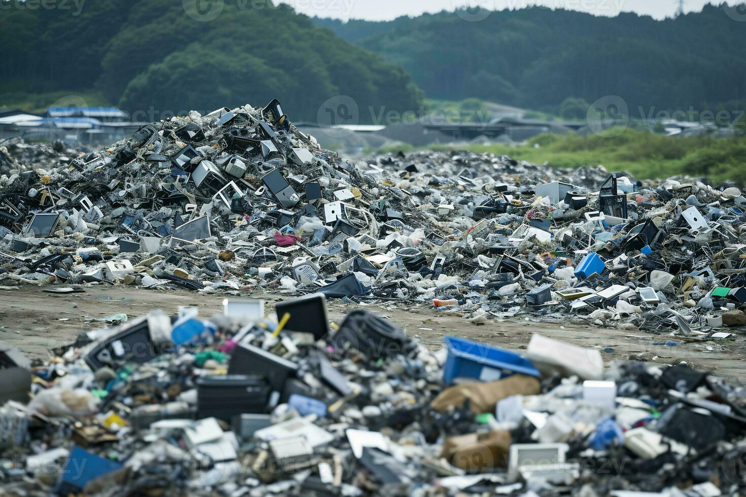 AI generated land pollution overflowing with discarded items and trash photo