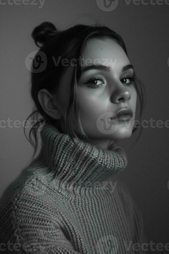 AI generated a black and white photo of a woman in a sweater