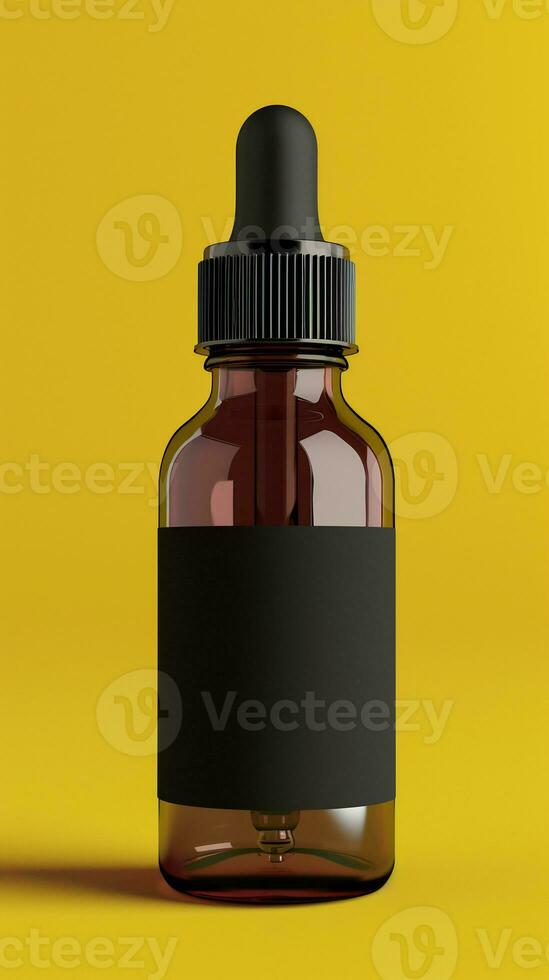 AI generated Brown transparent Dropper bottle with a simple black label on a yellow background photo