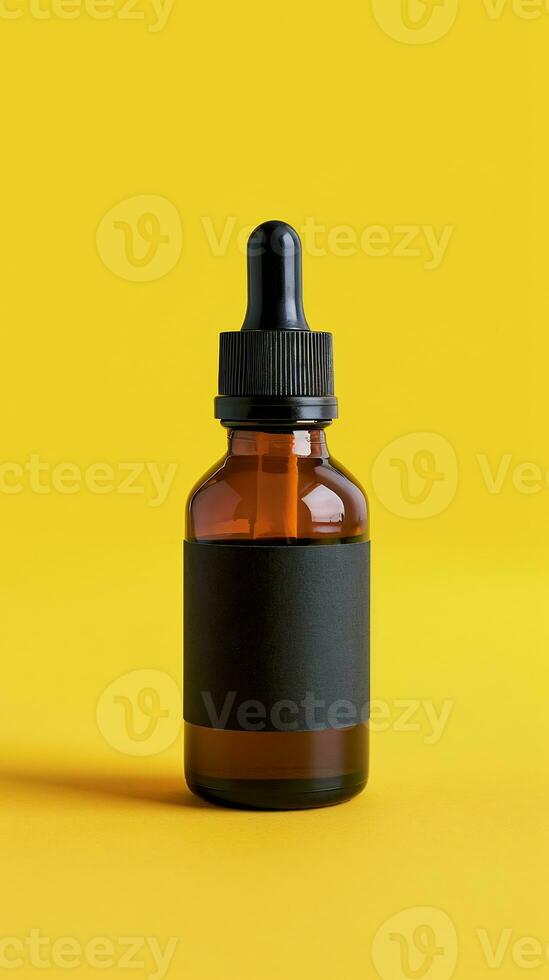 AI generated Brown transparent Dropper bottle with a simple black label on a yellow background photo