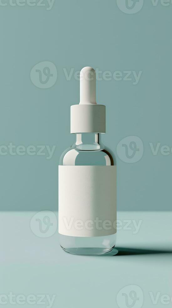 AI generated white dropper bottle with a simple white label on a soft blue background photo