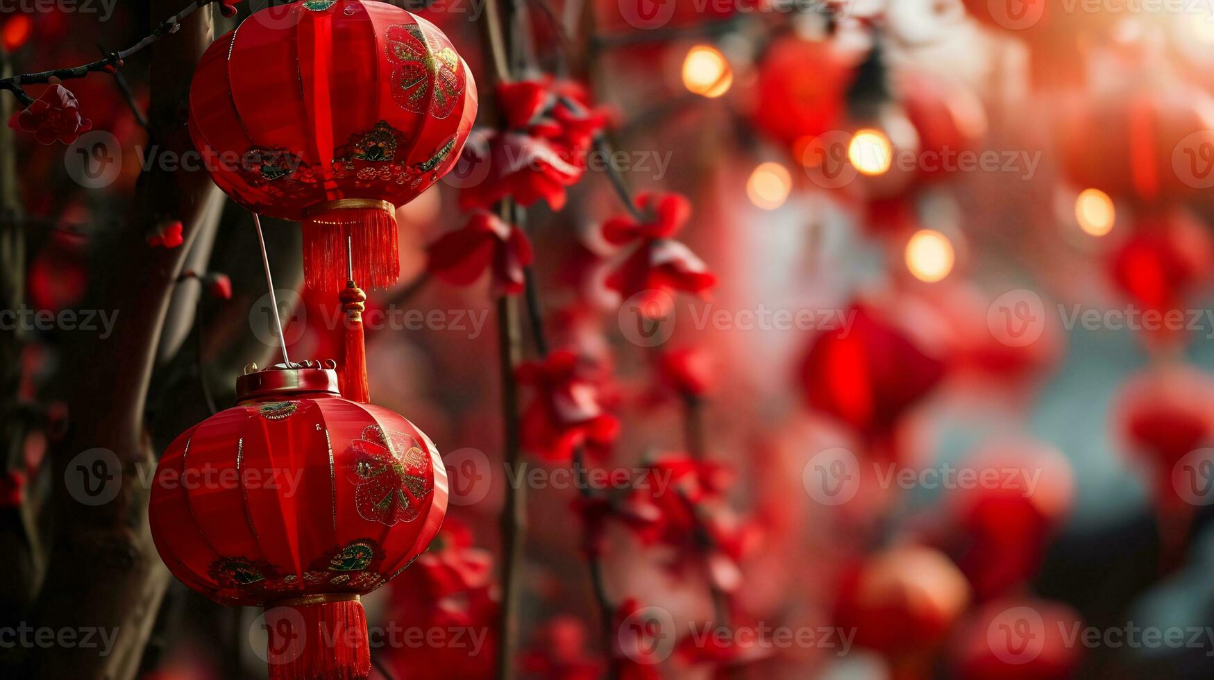 AI generated lunar new year background with hanging red latern photo