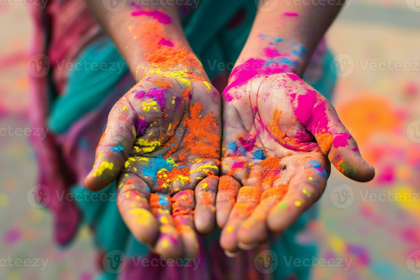 AI generated image of hands smeared with bright Holi colors powder photo