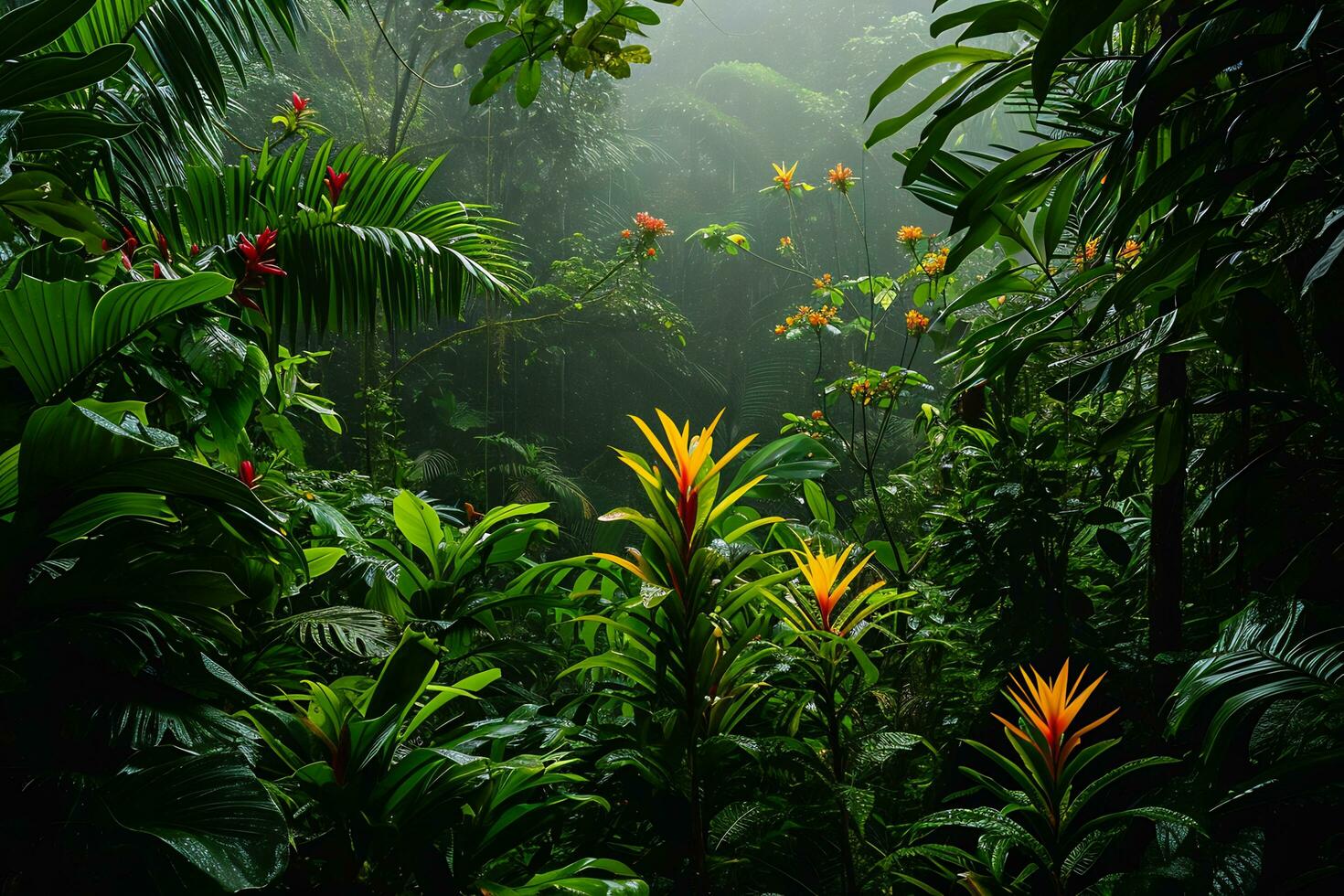 AI generated photograph capturing the vibrant biodiversity of a tropical rainforest photo