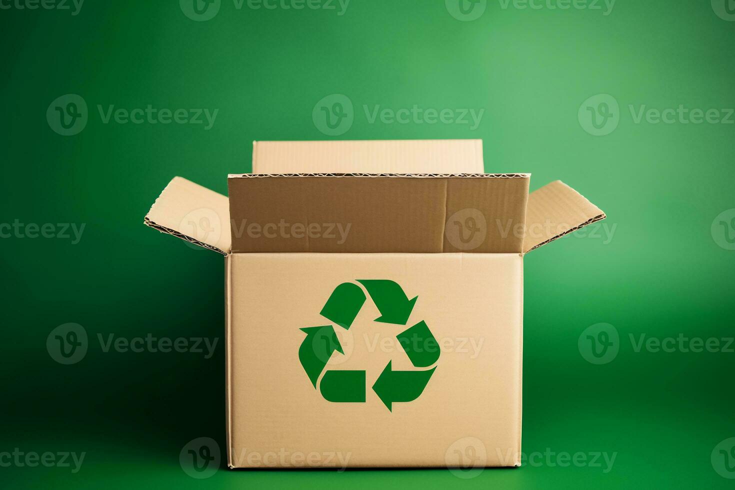 AI generated cardboard box with a recycle symbol on green background photo