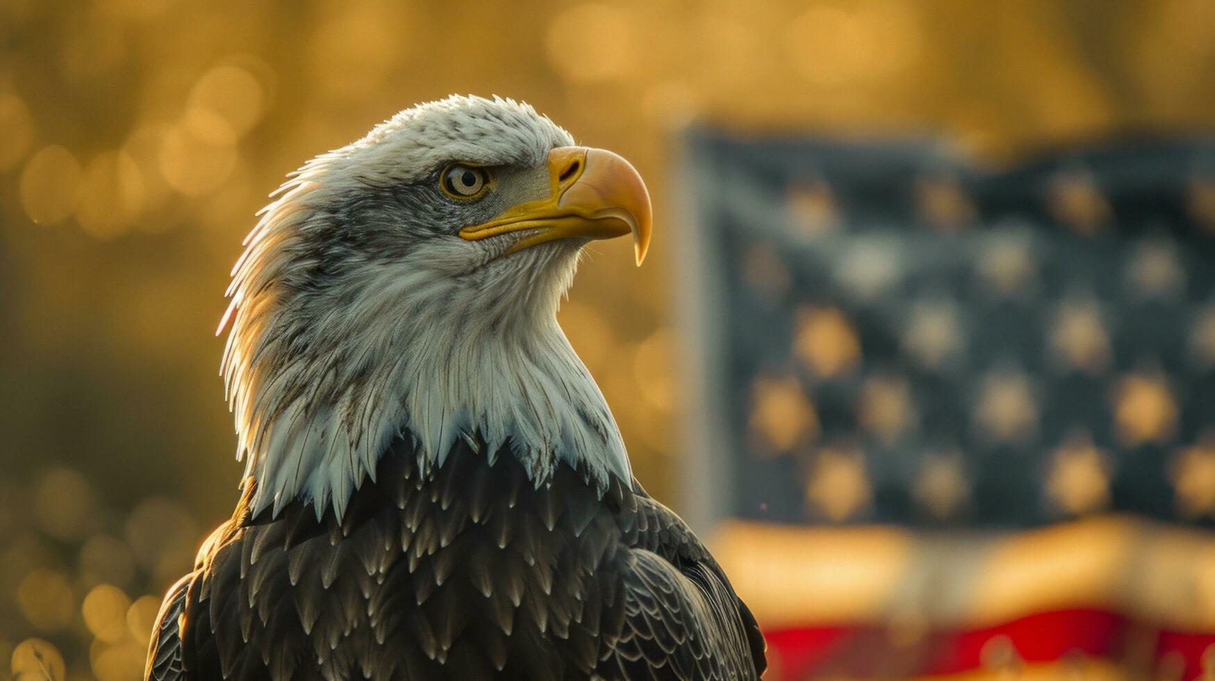 AI generated an american bald eagle stands in front of an american flag photo