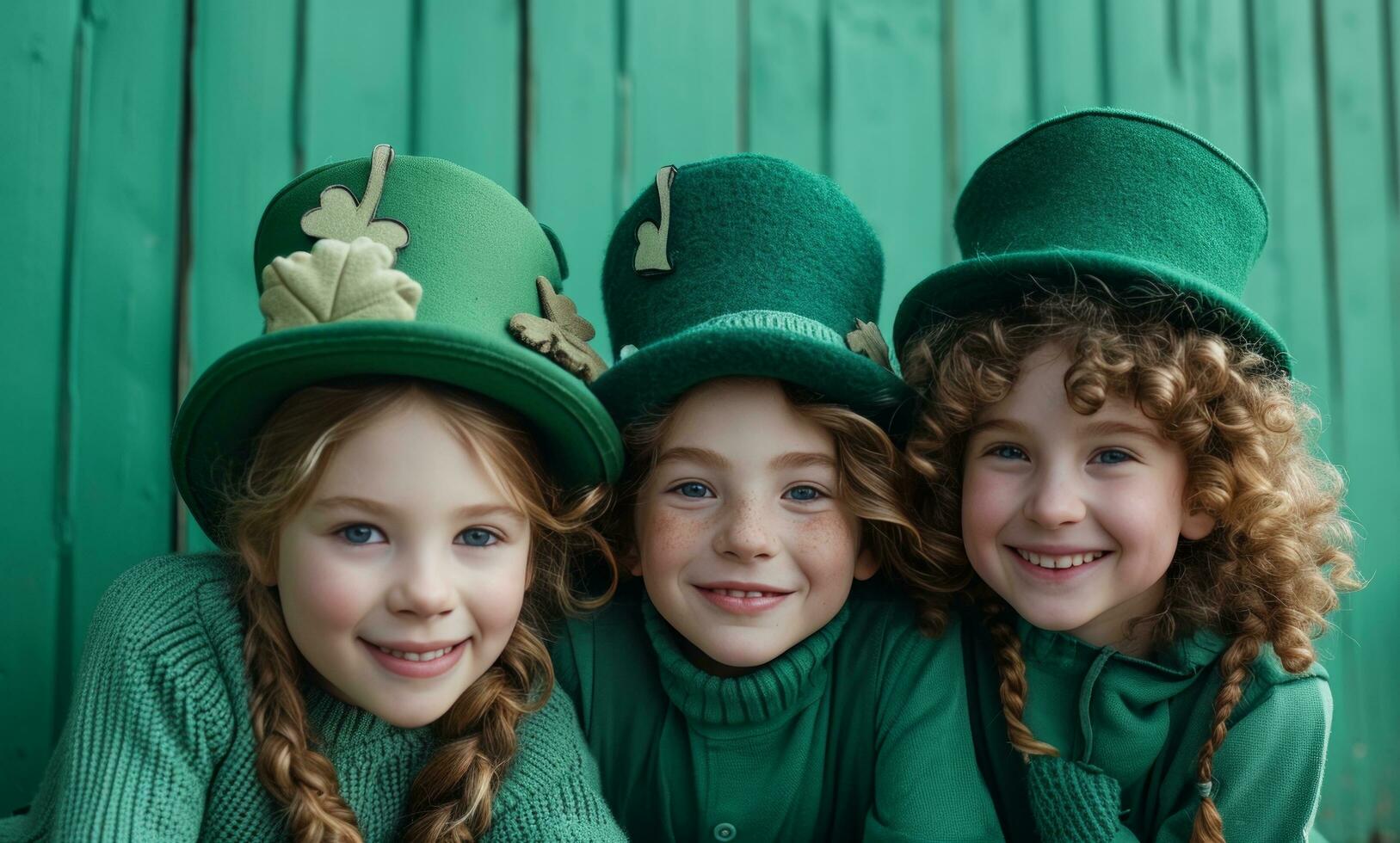 AI generated kids in green costumes posing for a photo on st patricks holiday
