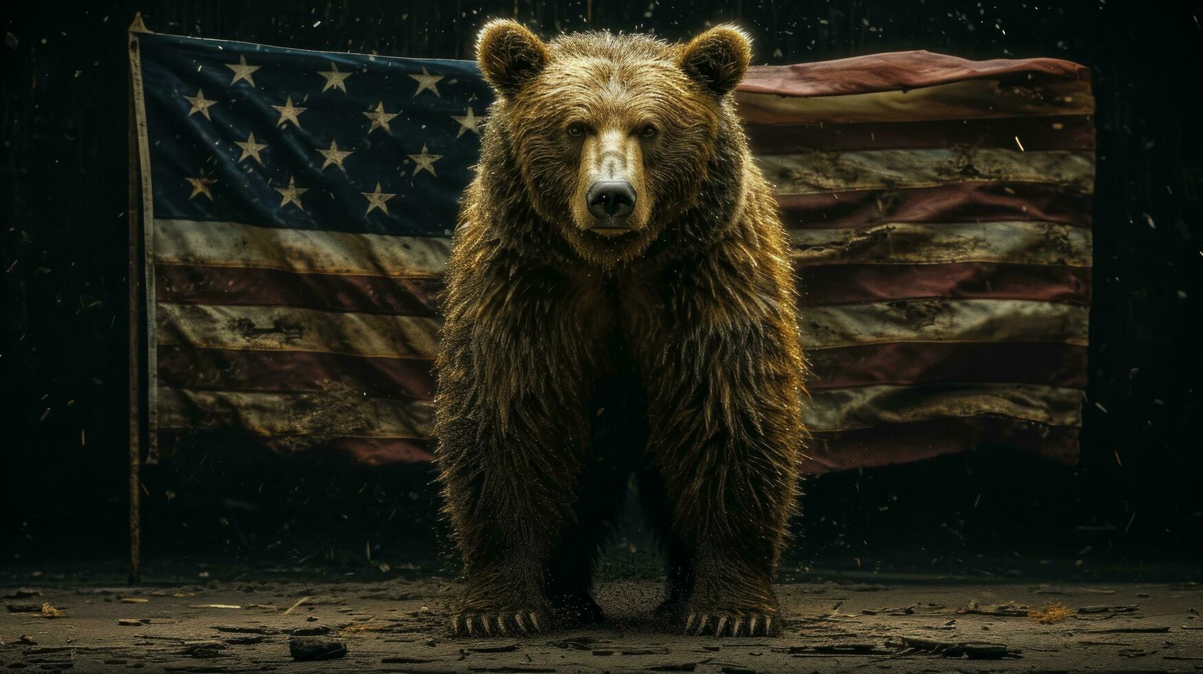 AI generated a bear standing at attention with a flag behind it photo
