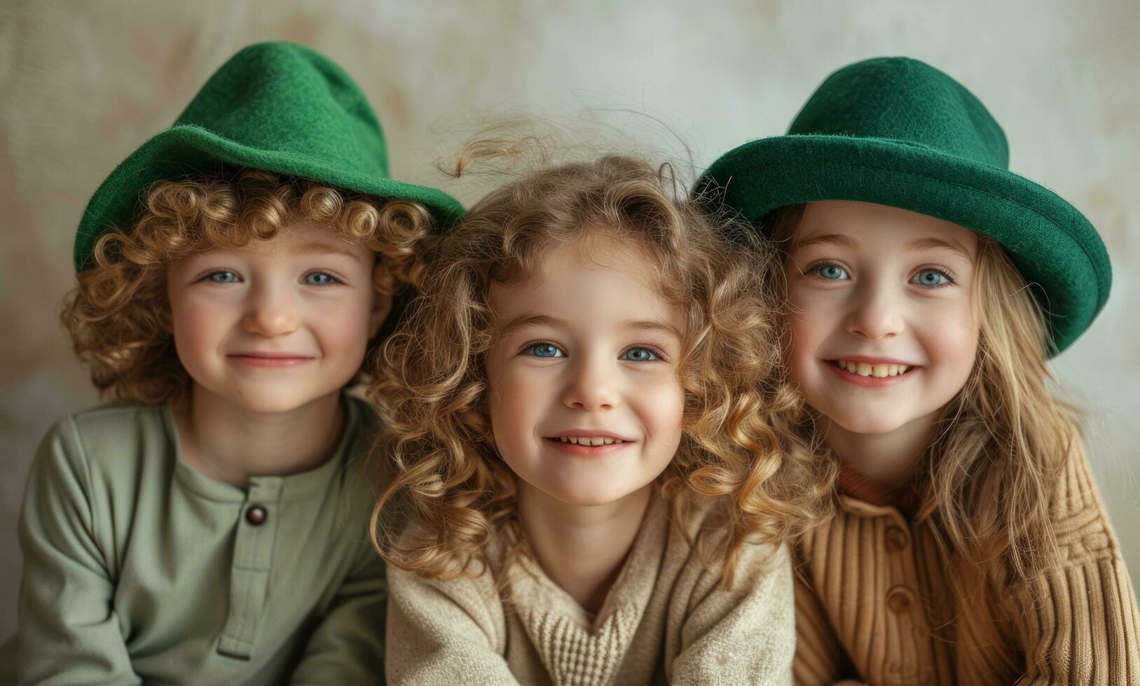 ai generado Tres niños son contento y posando para S t patrick's día fotos