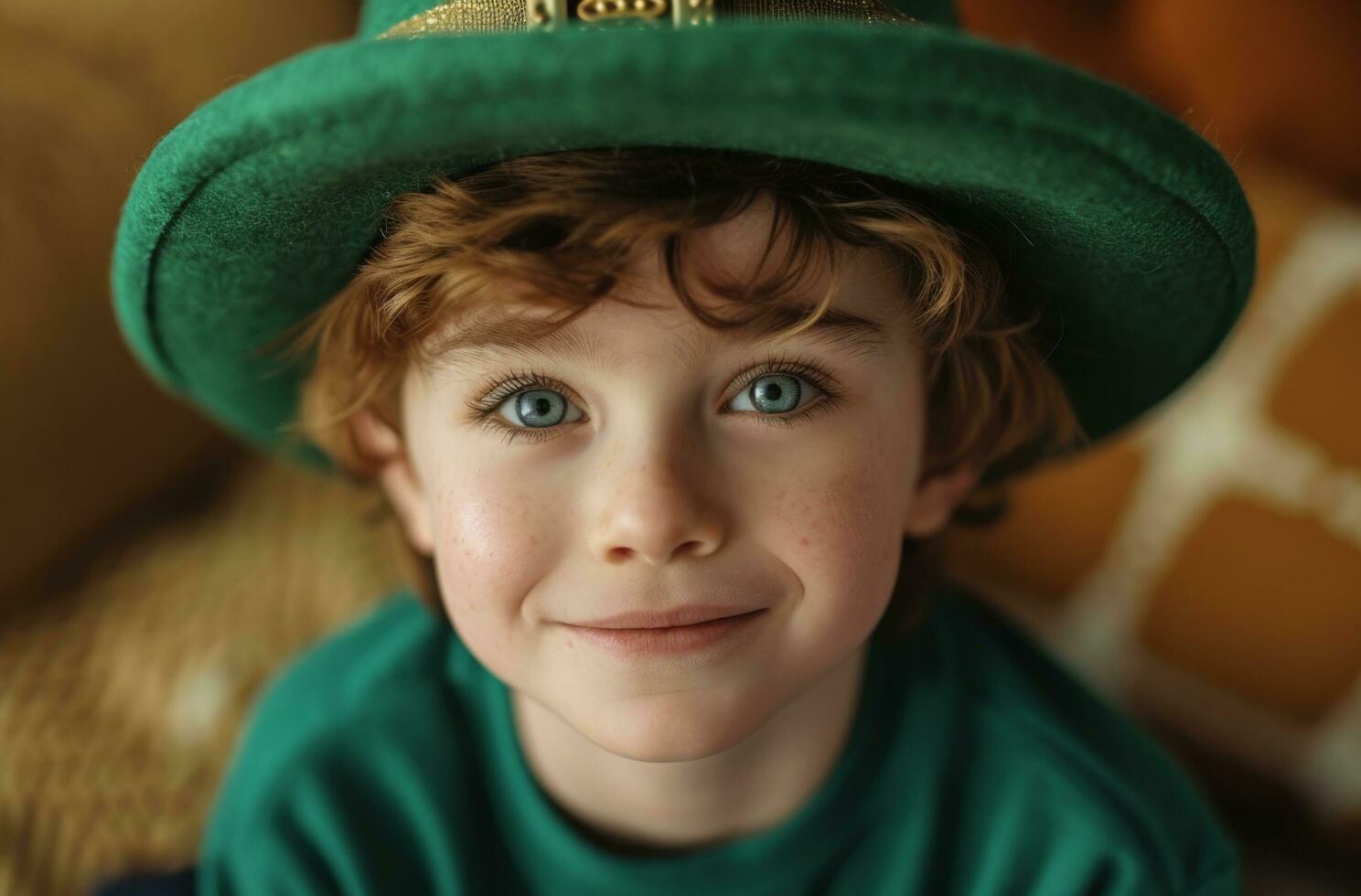 AI generated little boy in green leprechaun hat smiling leprechaun photo