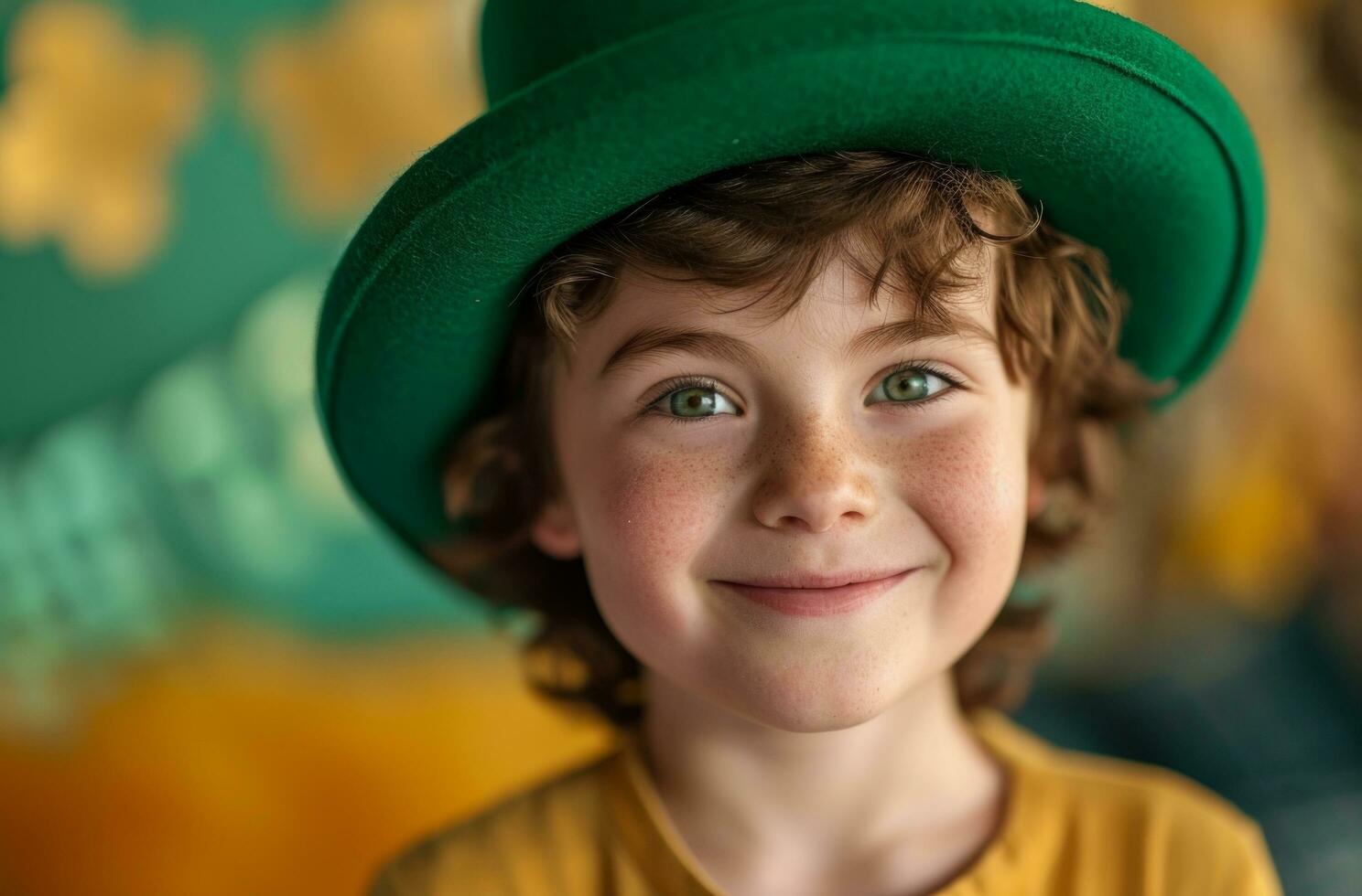 AI generated little boy in green leprechaun hat smiling leprechaun photo